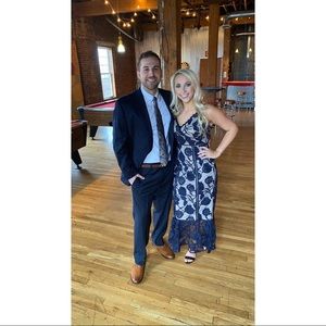 alluring dream navy blue floral mesh lace trumpet midi dress